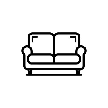 Siyah bir taslak, iki koltuk minderli ve beyaz arka planda kısa bir tabanlı küçük bir kanepeyi gösteriyor..