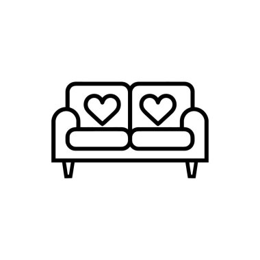 Bu monokromatik sanat, yastıkların üzerinde iki kalp şekilli bir kanepe gösteriyor. Temiz siyah çizgili bir sanat eseri beyaz bir arkaplana karşı..