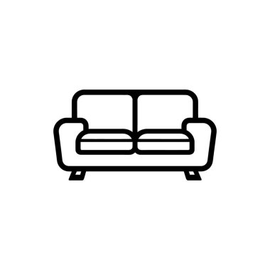 Açık siyah çizgileri olan sadeleştirilmiş bir kanepe ikonu, beyaz bir arkaplan karşısında minimalist ve modern bir estetik yaratan iki koltuklu bir konfora sahiptir..