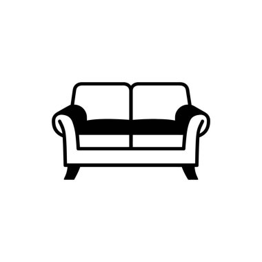 Görüntü, beyaz arka planda rahatlık ve stili ifade eden basit ve modern bir oturma seçeneği sunan koyu siyah beyaz bir kanepe ikonu sunuyor..