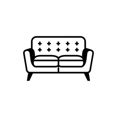 Siyah çizgi sanatı, beyaz arka planda minimalist ve zarif bir dokunuş sunan haç dizaynlı bir kanepeyi tasvir eder..