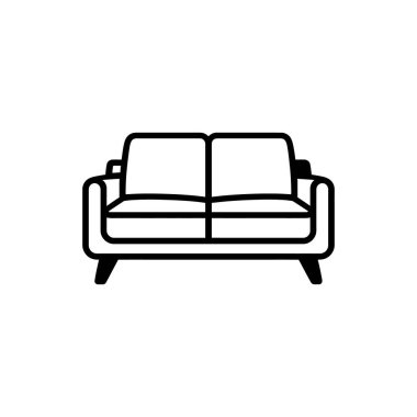 Beyaz arka planda iki koltuklu siyah çizgili sanat koltuğu sergilenmektedir. Çizim, çeşitli odalar veya mobilyalar için uygun basit ve modern bir kanepeyi gösteriyor..