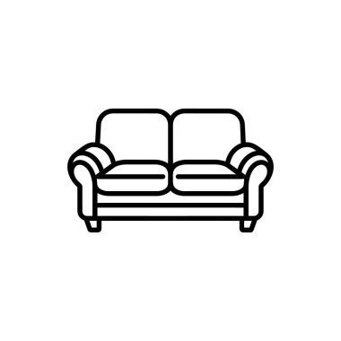 Siyah çizgi, iki koltuğu sadeleştirmiş, yuvarlak kollar ve yastıklardan oluşan, temiz beyaz bir arkaplanı olan bir kanepe sunar..