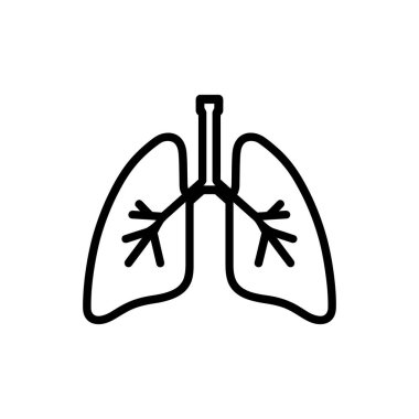 Akciğer sistemi fonksiyonlarını gösteren siyah akciğer ikonu, insan solunum sistemini ve anatomisini bronşlarla temsil ediyor, hepsi beyaz arka planda..