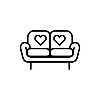 Siyah çizgi, minderlerin üzerinde kalp şekilleri olan bir aşk koltuğu tasvir eder, beyaz arkaplan ile minimalist ve romantik bir estetik sunar..