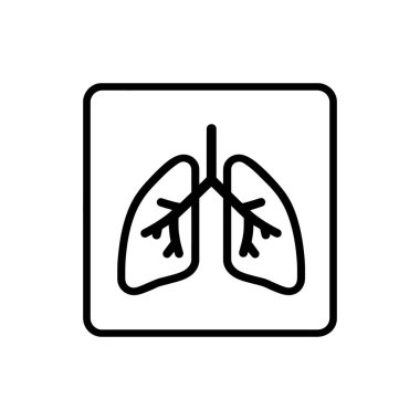 Beyaz arka planda yuvarlak kare içinde siyah ana hatlı insan akciğerleri anatomik ikonu gösteriyor. Akciğerler kare içinde sağlık ve organı temsil eder.