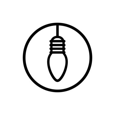 Siyah çizgili çizimler, siyah bir dairenin içinde ince bir kabloyla asılı duran tek bir ampul gösteriyor. Simge beyaz bir arkaplanda izole edilmiştir.