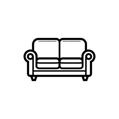 Siyah çizgili aşk koltuğunun minimalist bir stili vardır. Mobilya ikonu. Beyaz bir arka plan üzerine kurulmuş iki koltuğu ve kollukları var..