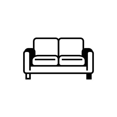 Beyaz arka planda basit siyah çizgilere sahip çift kanepe ikonu, ev dekorunda tasarım ve konforu minimum çizgi çizgisi ile temsil eden modern mobilyaları gösteriyor.
