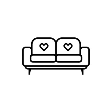 Kalp sembollü çift kişilik kanepe rahat koltuklar sunuyor. İç tasarım projeleri için mükemmel bir asgari çizgi stili. Ve beyaz bir arka planda..