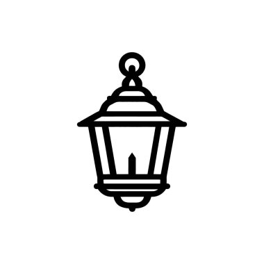 Fener simgesi asmak, aydınlatma ve dekorasyon projeleri için beyaz arkaplan ile basit siyah ana hatlı klasik işlenmiş demir tasarımı sergiler.