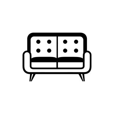 Dekoratif düğmelerle güçlendirilmiş siyah bir taslak olarak sunulan bir kanepe simgesi, hepsi temiz, beyaz arka planda, basit ve davetkar.