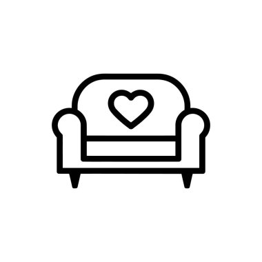 Siyah çizgili kanepe ikonu, merkezde beyaz üzerinde bir kalp şekli gösterir. Çizimde temiz çizgiler ve asgari ayrıntılar yer alıyor.