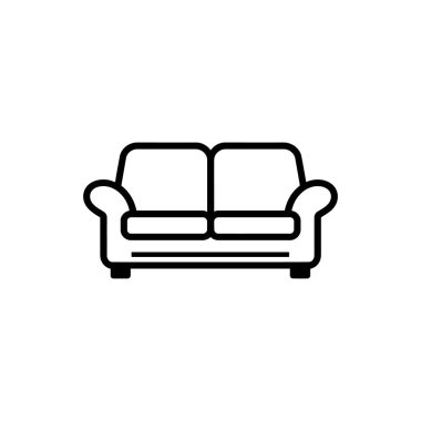 Çizgi çizimleri basit, rahat görünümlü, yumuşak, kıvrımlı kollukları olan bir kanepe sergiliyor. Siyah çizgiler temiz, beyaz arka planda minimalist bir bakış sunuyor..
