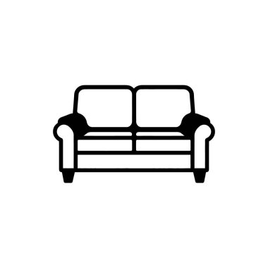 Basit mobilya ikonu siyah minimalist kanepe, iki minimalist koltuk ve beyaz arka planda izole edilmiş klasik yuvarlak kol şekli içerir..
