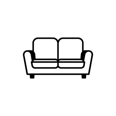 Temiz bir minimalist siyah taslak ikonu iki koltuklu bir kanepe sergiliyor. Simge, beyaz bir arkaplan karşısında basit çizgiler ve modern bir estetik içerir..