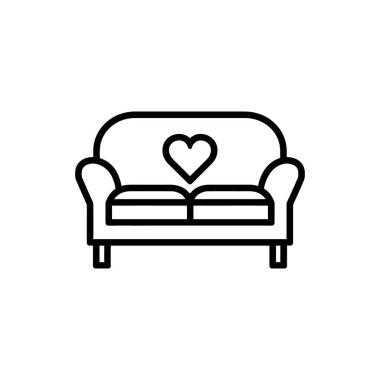 Kalp sembolü bulunan minimalist kanepe simgesi merkezi konumlandırılmış, koyu siyah çizgiler çizilmiş ve beyaz bir arkaplanda dinleniyor..