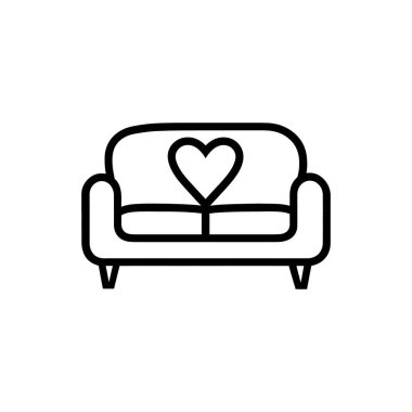 Minimalist kanepe ikonu sırt üstü duran bir kalbe sahiptir. Modern tasarım beyaz bir arkaplanda, sıcaklığı ve konforu temiz çizgilerle iletiyor..
