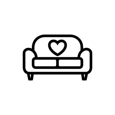 Bu basit, siyah bir kanepe çizimi. Üst kısma bir kalp şekli görünür şekilde yerleştiriliyor, hepsi beyaz arka plana karşı..