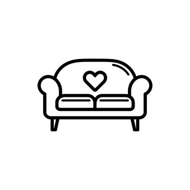 Tasarıma bir kalp sembolü içeren ana hatlı kanepe simgesi, beyaz arkaplanda sergilenen iç tasarım projelerine sevgi ve sıcaklık katıyor..