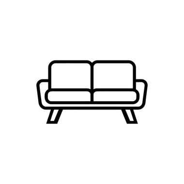 İki yastıklı ana hatlı kanepe, beyaz arka plan üzerine basit siyah çizgili minimalist bir mobilya ikonu sunuyor, iç tasarım kavramları için mükemmel..