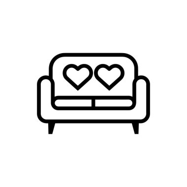 Ana hatlı kanepede arkasında iki kalp sembolü var. Basit, zarif bir çizgi tasarımı, beyaz bir arka planda romantik ve samimi bir ortam sağlıyor..