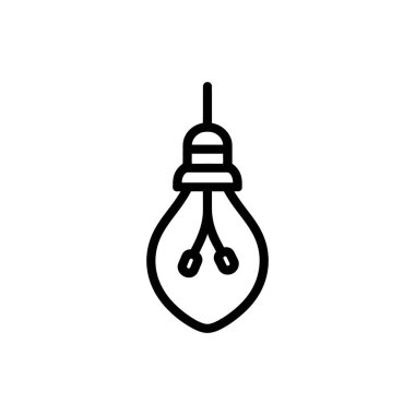 Beyaz üzerine izole edilmiş minimalist siyah çizim, içinde iç detayları olan bir ampul ve berraklığı ve modern tasarımı vurgulayan basit bir asma armatürü sunar..