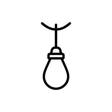 Basit bir siyah ampul çizgisi kıvrımlı bir destekten ince bir kabloyla sarkıyor, beyaz bir arkaplana kuruluyor, minimalist bir tasarım unsuru sunuyor..