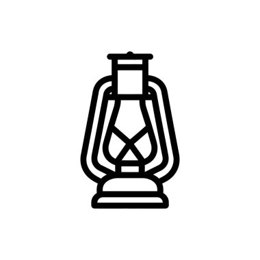 Eski moda bir kamp fenerini gösteren basit bir çizim. Yuvarlak bir tabanı ve beyaz arka planda bir kafesi var..