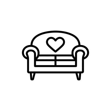 Kalp tasarımı olan basit bir kanepe, beyaz bir arka planda sevgi ve konforu ifade eden, temiz çizgileriyle rahat bir tarzı ve sevgiyi gösterir..