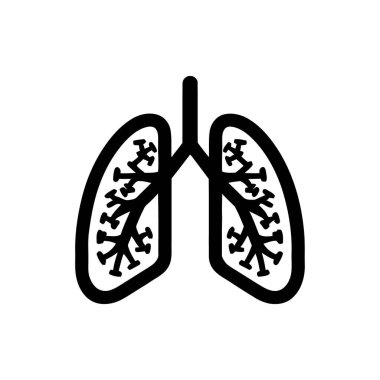 İnsan akciğerleri siyah renkte gösterilir, onlara bağlı olan koronavirüs yapısını gösterir; temiz beyaz bir arkaplanda tasvir edilir..