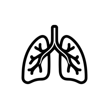 Beyaz arka plan üzerinde bronşsal tüpler ve loblarla anatomik yapıyı gösteren basitleştirilmiş siyah akciğer sembolü görsel olarak çarpıcı bir temsil sunar..