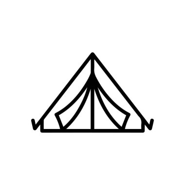 Kamp çadırı çizgisi resimlerinde açık hava macerası ve temiz beyaz arka planda basit bir barınak simgesi görülüyor..
