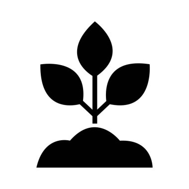 Siyah ikon, beyaz zemin üzerinde toprak yığınından üç yaprak filizlendiğini gösteriyor. Bu da büyüme, tarım ve ekolojiyi simgeliyor..