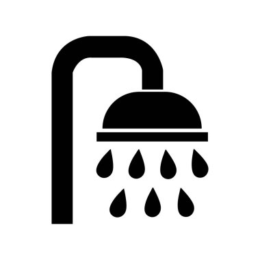Üzerinde su damlası olan siyah bir duş başlığı minimalist bir ikonu gösteriyor. Bu basit ama etkili amblem saf beyaz bir arkaplanda duruyor..