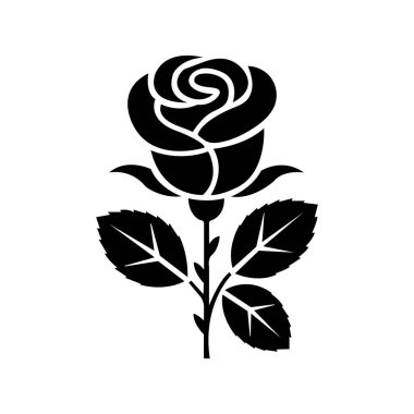 Yapraklı siyah gül silueti, beyaz arkaplanda çeşitli yaratıcı projeler ve tasarımlar için basit ve mükemmel bir grafik ögesi gösterir.