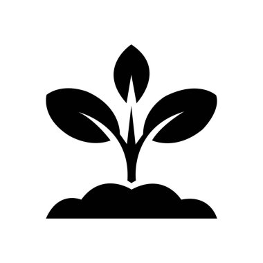 Siyah genç bitki beyaz zemin üzerinde topraktan izole bir şekilde büyür; vektör tarım ikonu, bitki, büyüme sembolü, doğa kavramı.