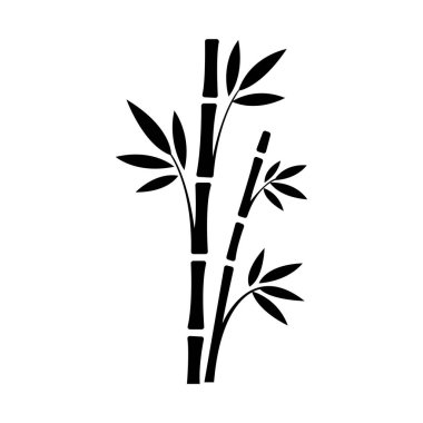 Yapraklı siyah bambu çubukları beyaz arka planda geleneksel Asya doğasını gösteriyor, doğal bir Asya ağacının minimalist siluetini gösteriyor..