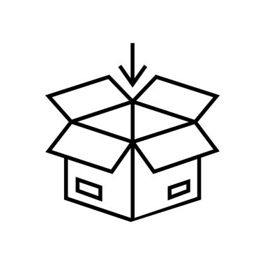 Black outline arrow moves toward empty cardboard box on a white background