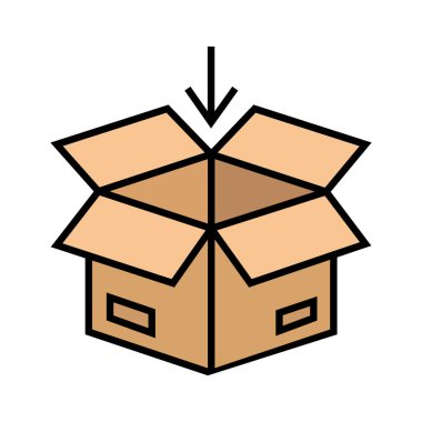 Downward arrow symbolizes the content entering open tan cardboard box isolated on a white background
