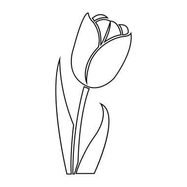 Basit bir çizgi çizimi, tek bir lale çiçeğini gövdesi ve yapraklarıyla tasvir eder..
