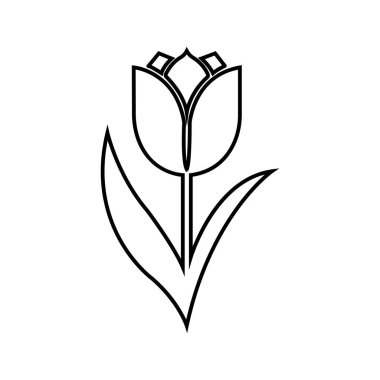 Yapraklı siyah ana hatlı lale, bembeyaz bir arkaplan üzerine kurulmuş basit bir güzelliği minimalist bir şekilde taşır..