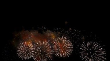 Parlak gece havai fişekleri banliyö mahallesinin ışıklarıyla parıldıyor. Kutlama Işıkları Parıldıyor. Bayram Patlaması. 