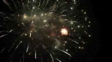 Parlak gece havai fişekleri banliyö mahallesinin ışıklarıyla parıldıyor. Kutlama Işıkları Parıldıyor. Bayram Patlaması. 