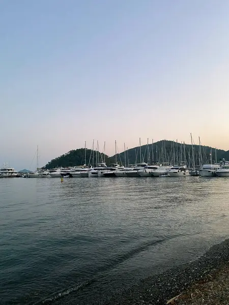 Yaz denizi sahili gün batımı peyzajı yat, okyanus teknesi, liman arka planı.