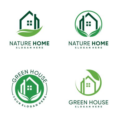 Yeşil yaprak simgesi ve yaratıcı konsept Premium Vektör içeren doğa evi logo paketi
