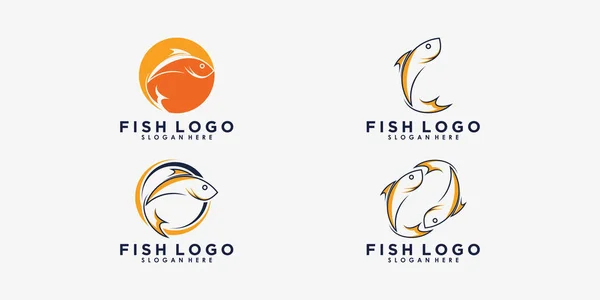 Conjunto Diseño Logotipo Pescado Con Plantilla — Vector de stock
