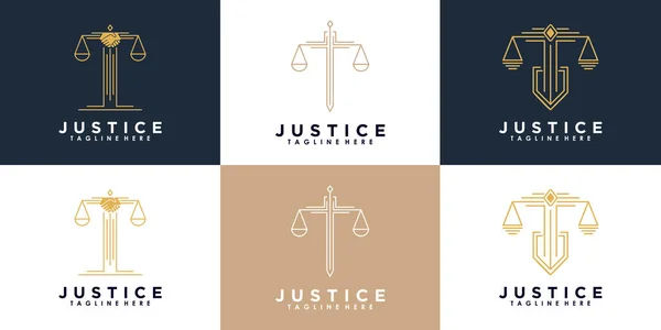 Zestaw Prawa Projektowania Logo Wymiaru Sprawiedliwości Kreatywną Koncepcją — Wektor stockowy
