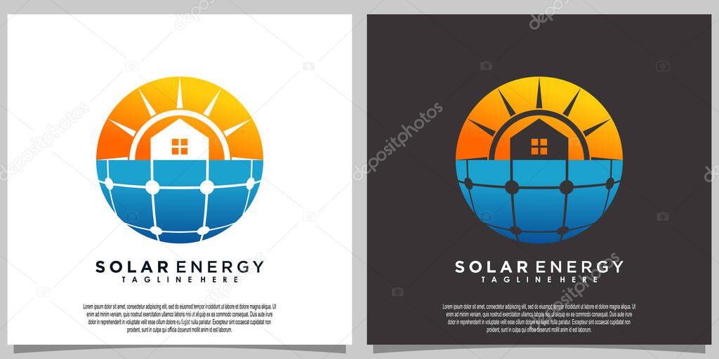Sun solar energy logo design with solar panel tech and home
