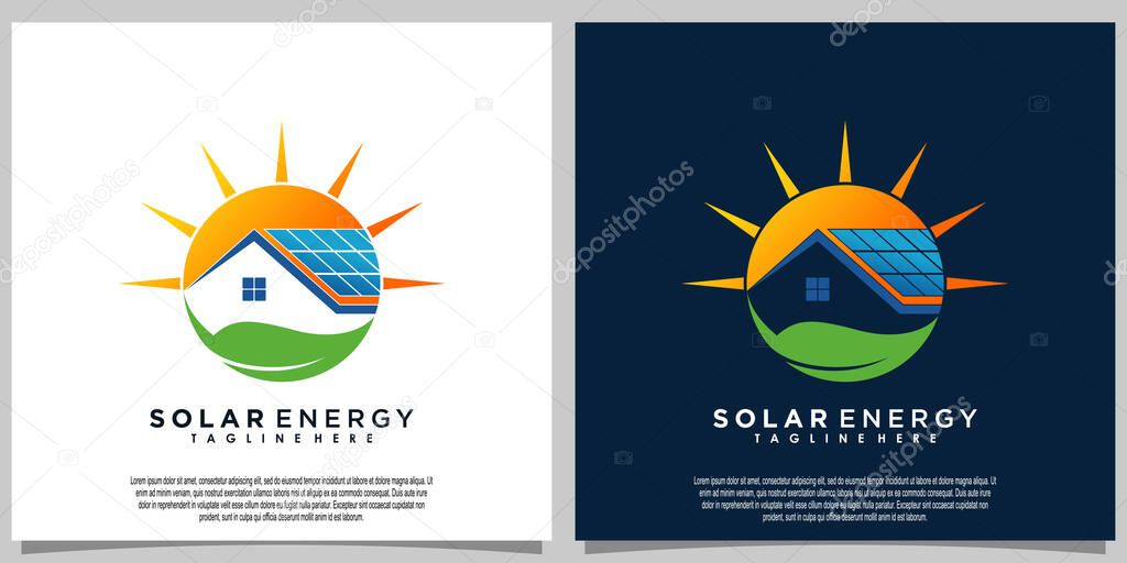 Sun solar energy logo design with solar panel tech and home